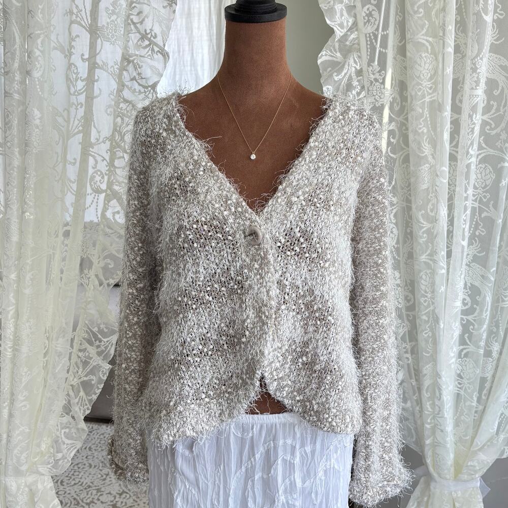 Erin London White Stripe Shimmer Metallic Eyelash Cardigan Cozy Button Front XL